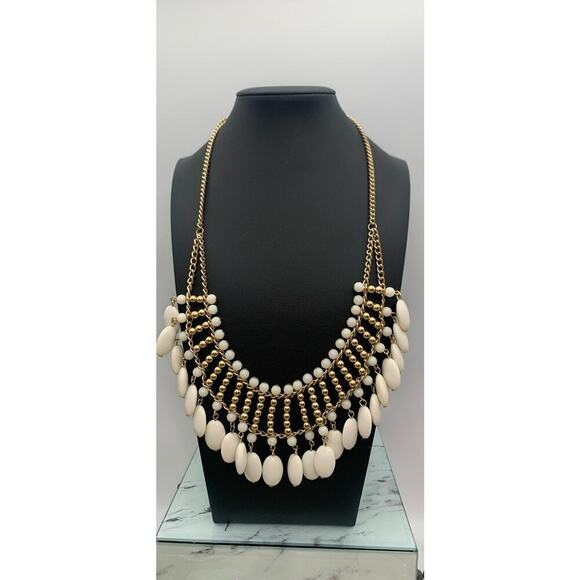 Gold Tone And White Dangly Beaded Statement Collar Bib Necklace - Picture 1 of 5